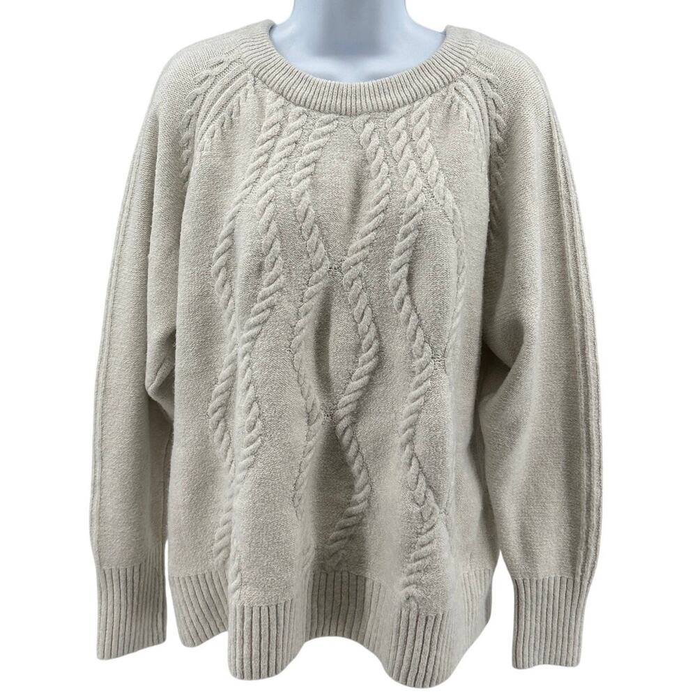 Simply Vera Sweater SZ L Cream Pullover Cable Knit Crew Neck Ribbed Trim Stretch